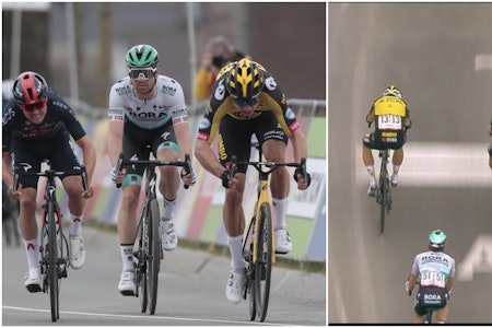 UMULIG Å SKILLE: Det ble millimeterdramatikk under starten på Ardenneruken, og det skulle ta lang tid før det ble klart hvem av Wout van Aert og Tom Pidcock som vant rittet. Foto: Cor Vos.  wout van aert amstel gold race
