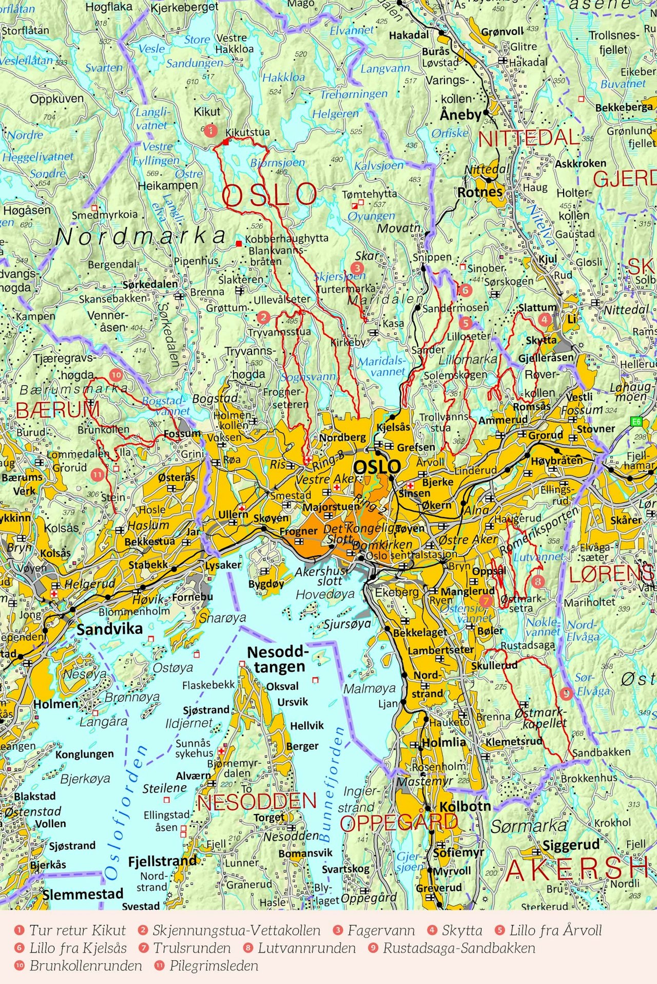 Oversiktskart over Oslo med inntegnet rute. Fra Stisykling i Oslo.