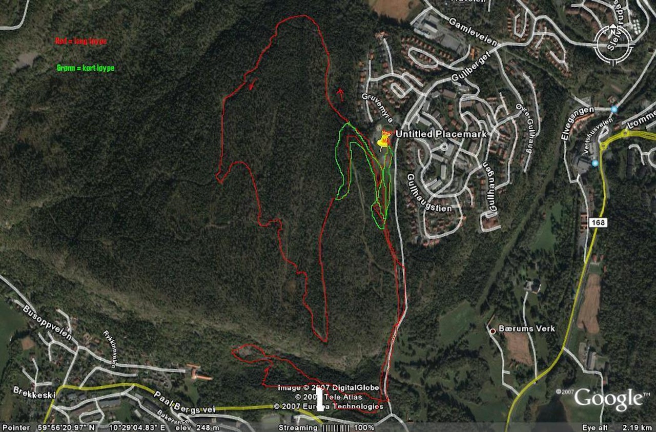 Ny trase på Gullhaug. Grønn er kort løypa, rød er lang. Ny trase på Gullhaug. Grønn er kort løypa, rød er lang.