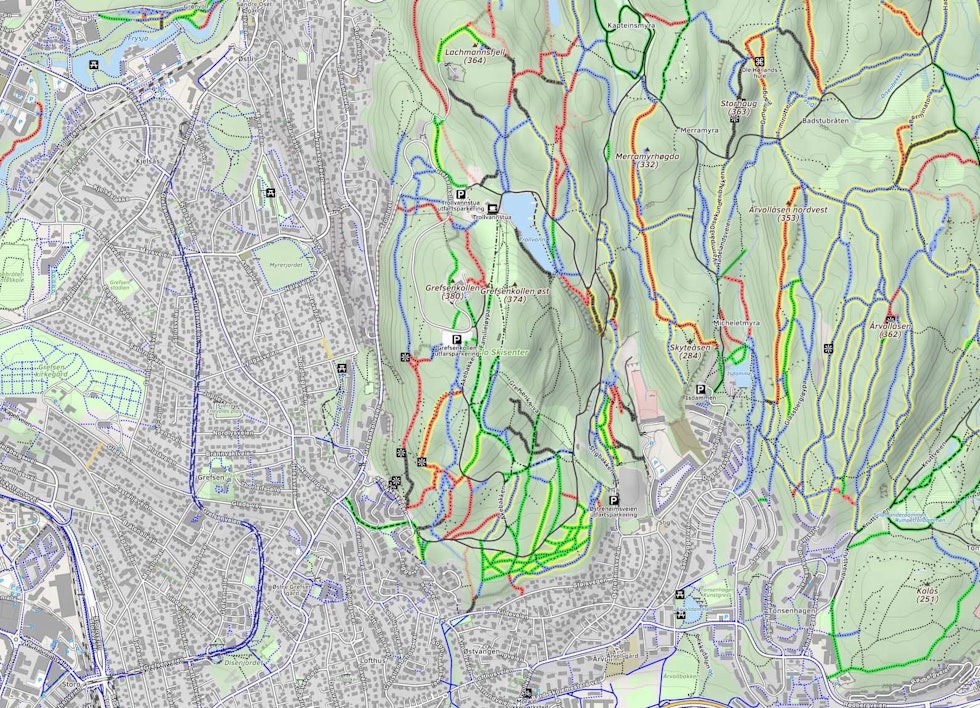 GREFSENKOLLEN: Her får du virkelig følelsen av å sitte "oppå" byen. Grefsenkollen er et fint utgangspunkt - eller sted å avslutte sykkelturen. Foto: Skjermdump Mtbmap.no stisykling grefsenkollen oslo