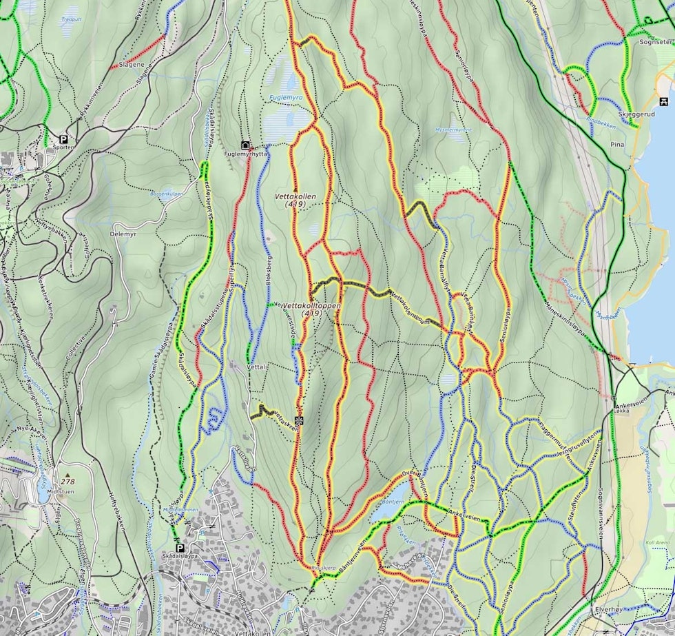 OVER OSLO: Over Vettakollen går det flere stier som kan være et mål i seg selv, eller del av en lengre tur. Foto: Skjermdump Mtbmap.no stisykling vettakollen oslo tips