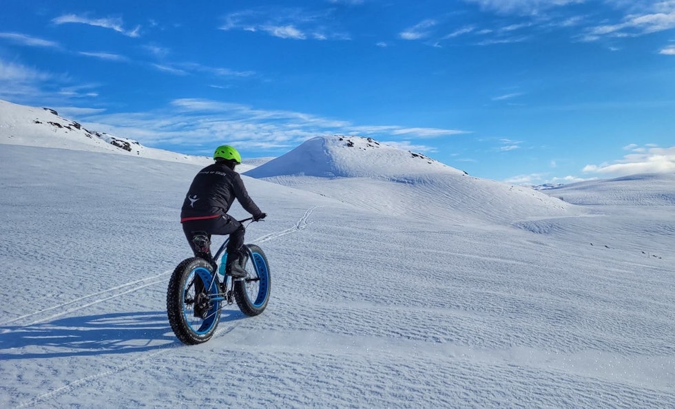 FRI SOM FUGLEN: Med faste fine forhold gikk tirsdagens høyfjellstur som en drøm over skaren. Foto: Magnus Lindaas Fatbike Haukeli