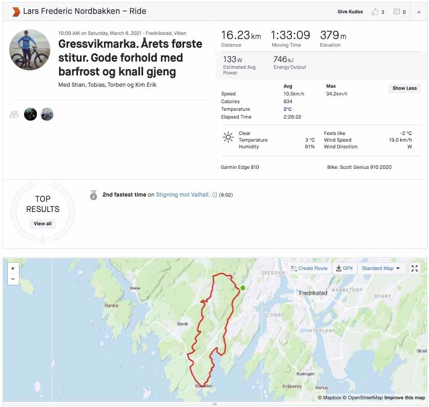 FIN TUR: Strava-loggen fra turen i Gressvikmarka lørdag. Foto: Skjermdump stisykling gps spor gressvik fredrikstad gressvikmarka