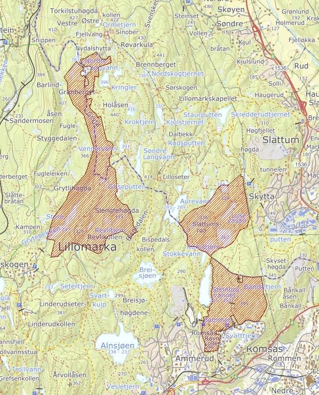 LILLOMARKA NATURRESERVAT: Det er i naturreservatene Lillomarka, Slattumsrøa og Røverkollen (fra venstre mot høyre) markert på dette kartet det er snakk om. Skjermdump: Miljødirektoratet. lillomarka naturreservat