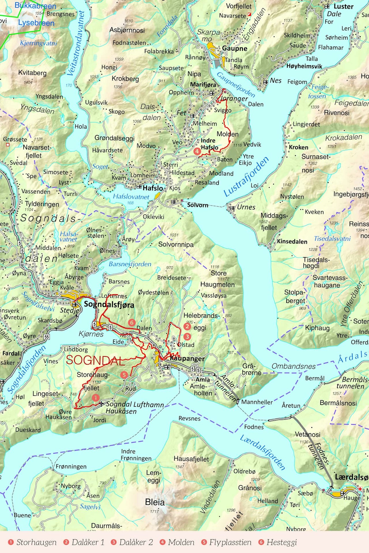Oversiktskart over Sogn med inntegnet rute. Fra Stisykling i Norge.