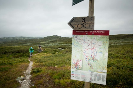 Torger Fenstad og Ståle Hansen følger godt merkede turstier og vandrekart på Slagsfjella. / Stisykling i Norge.