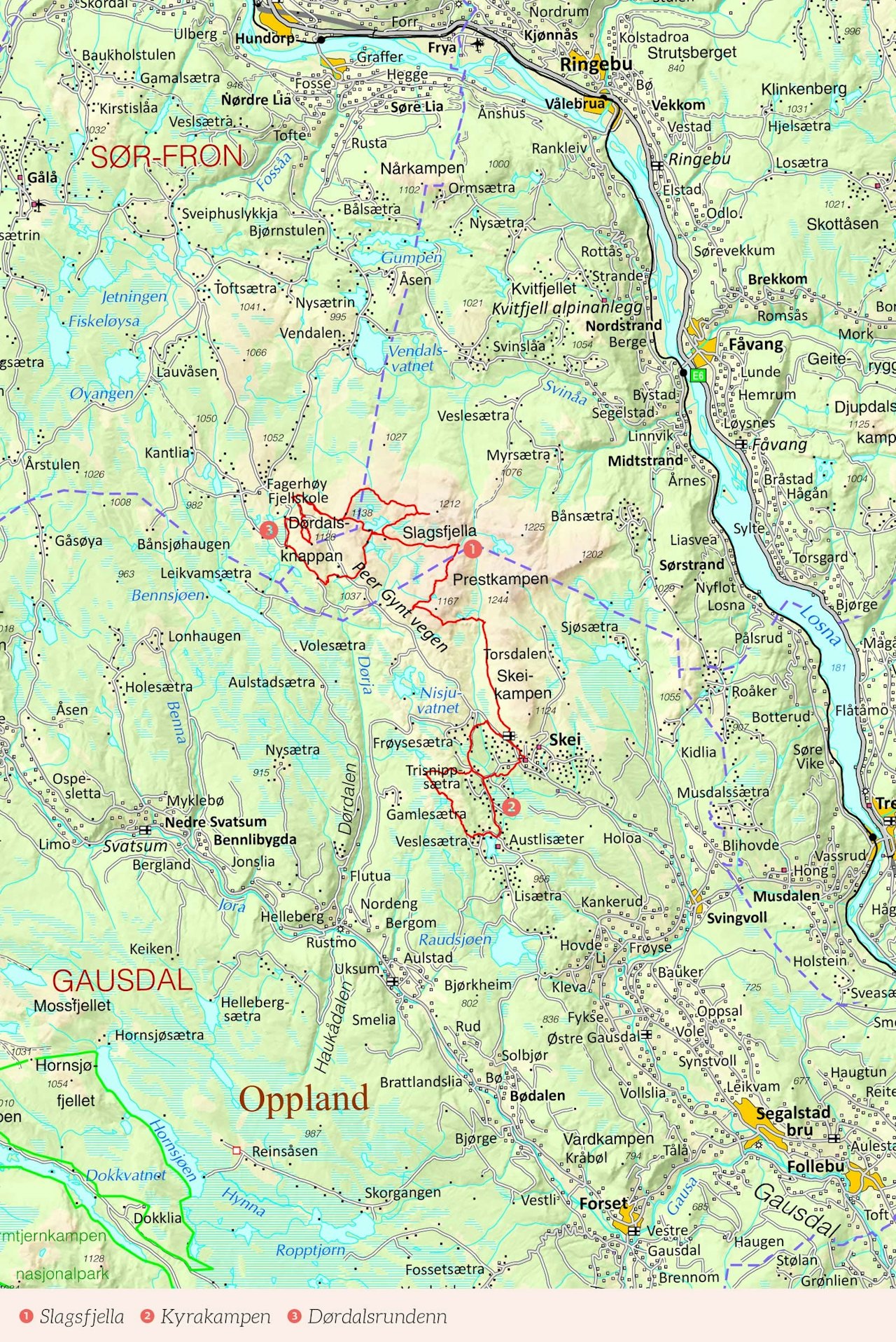 Oversiktskart over Skeikampen med inntegnet rute. Fra Stisykling i Norge
