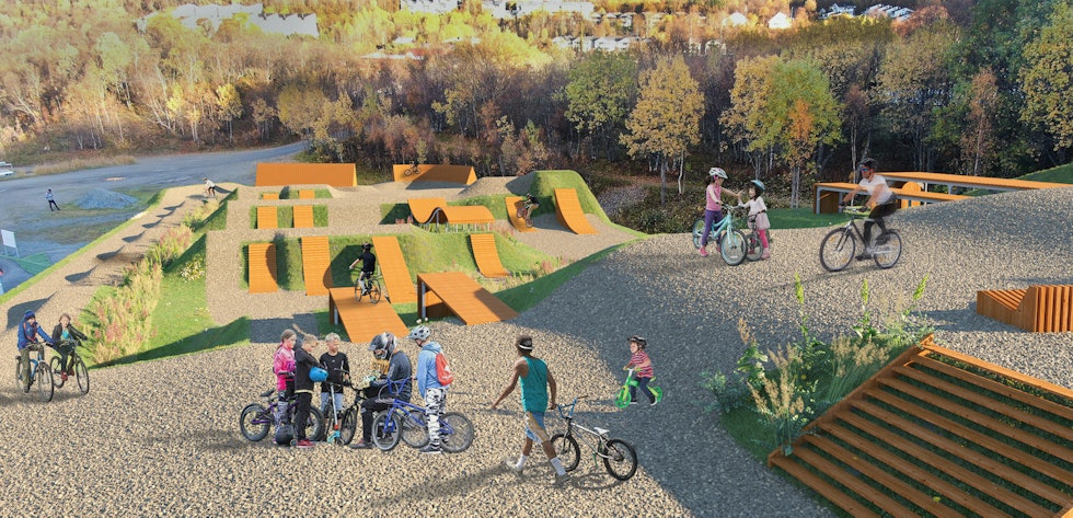 FREESTYLE PARK: Som en del av byggetrinn to i Harstad Bike Park skal det anlegges en egen freestyle park. Illustrasjon: Velosolutions Harstad Bike Park hopp