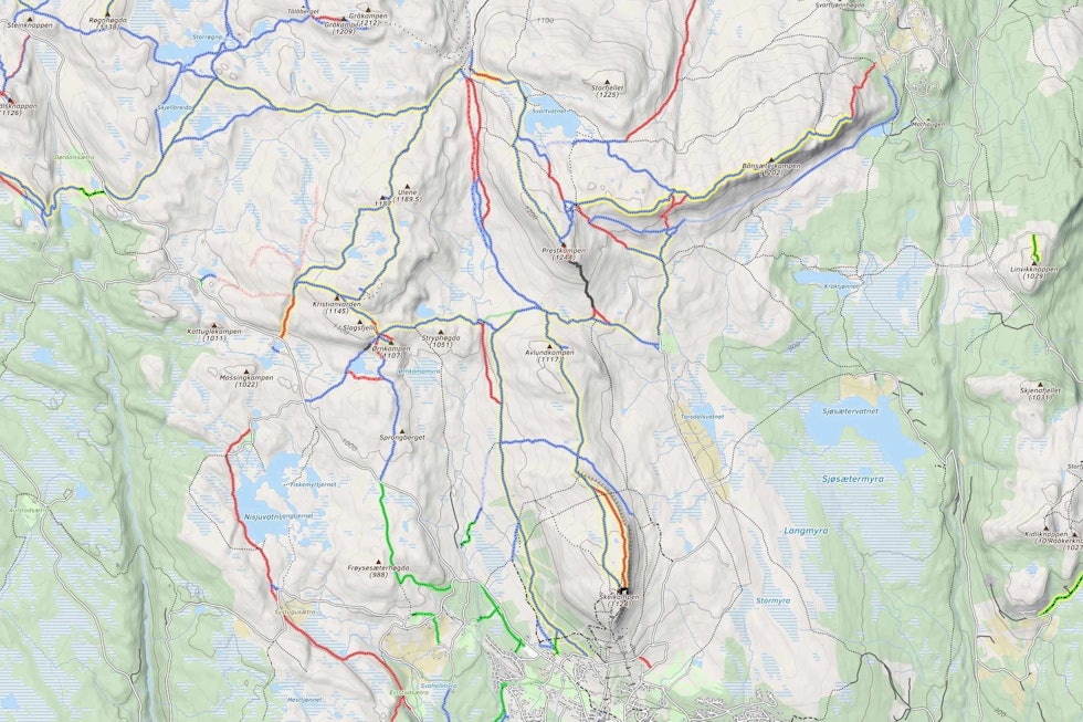 MANGE MULIGHETER: Skeikampen har noe for de fleste stisyklister. Foto: Skjermdump mtbmap.no stisykling skeikampen kart