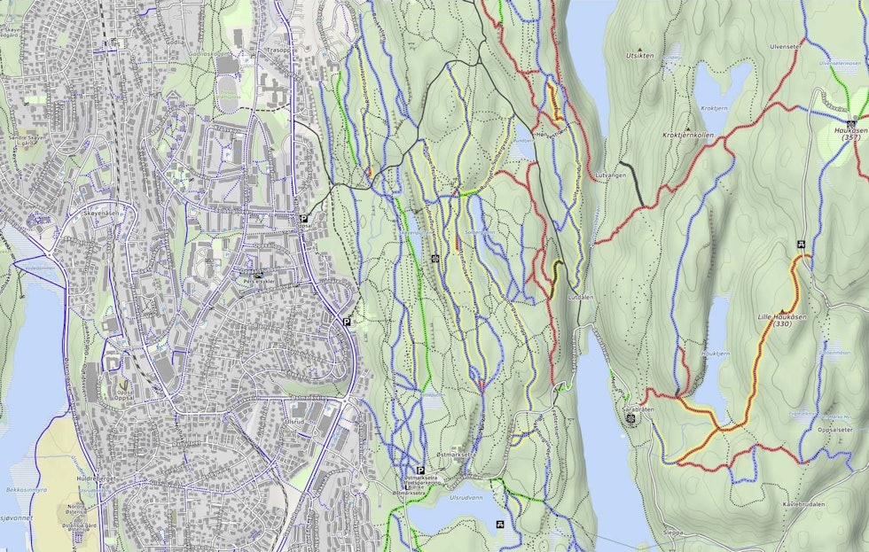 UTGANGSPUNKT: Østmarksetra ved Ulsrudvann er utgangspunktet for Trulsrunden, men også mange andre fine stisykkelturer. Skjermdump: mtbmap.no kart-trulsrunden-østmarka