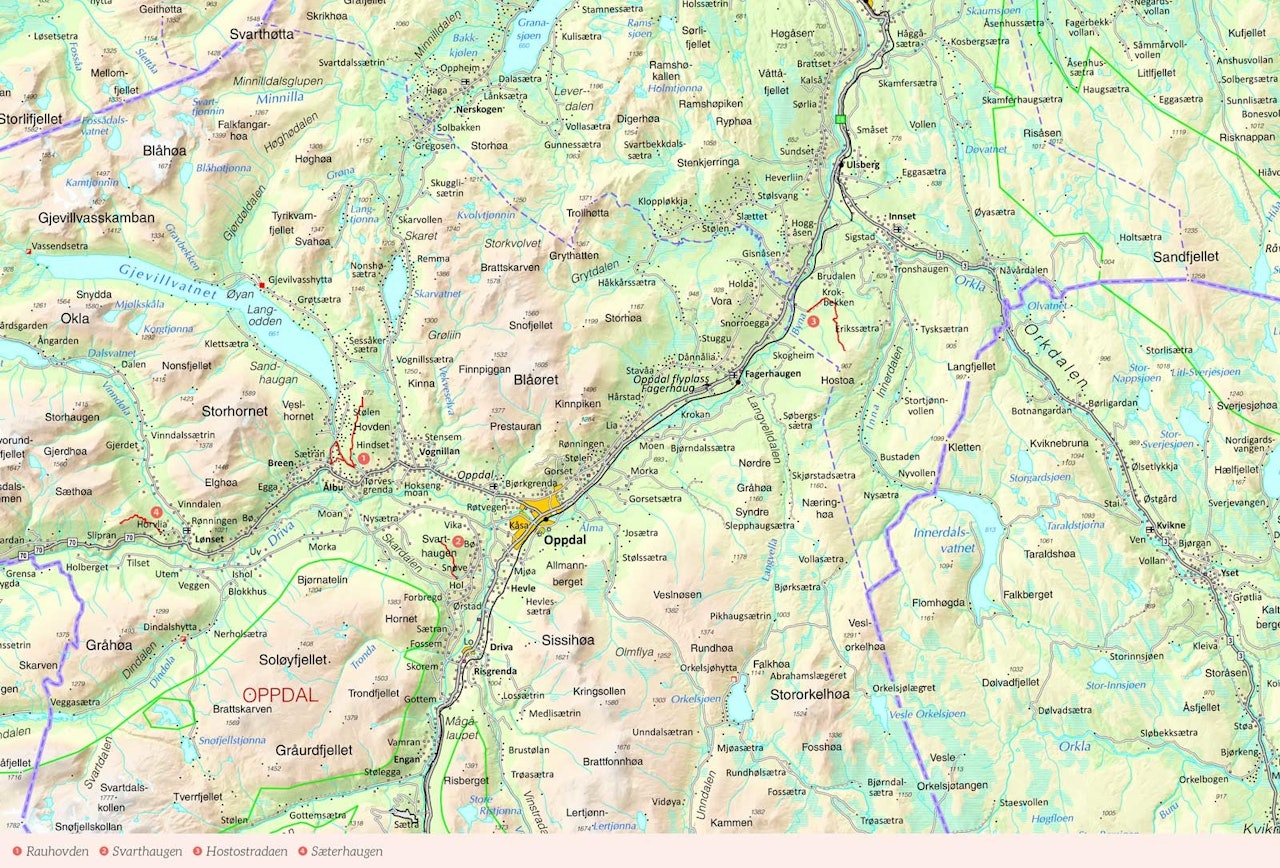 Oversiktskart over Oppdal med inntegnet rute. Fra Stisykling i Norge.