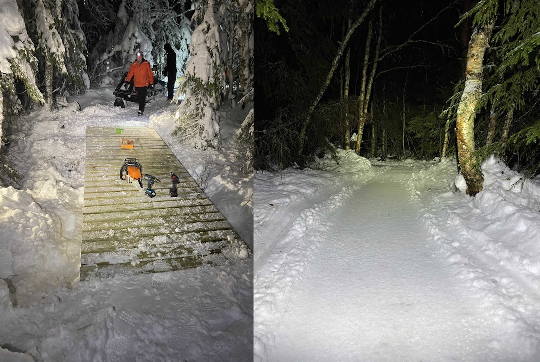 PREPPING: Dugnadsarbeiderne har laget klopper over de største vannhullene for å gjøre preppingen litt enklere. Nå kan snøen legge seg. fatbike lillehammer løype