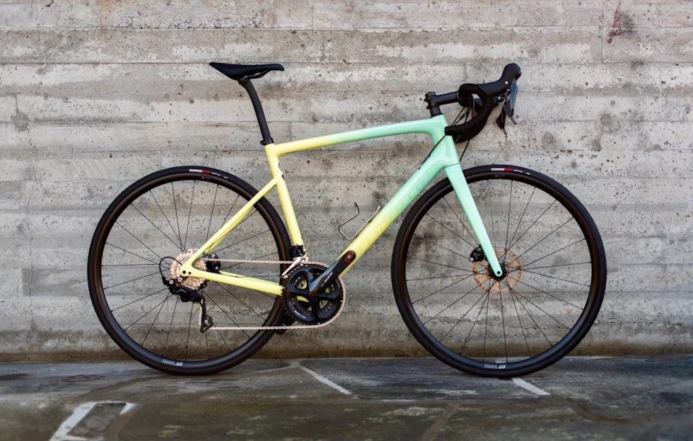 SKILLER SEG UT: Med sine tropiske farger er nok Specialized Tarmac SL6 testens mest oppsiktsvekkende, og en racer som er veldig enten eller for potensielle kjøpere. Foto: Henrik Alpers test-av-specialized-tarmac-sl6-sport-crop1280