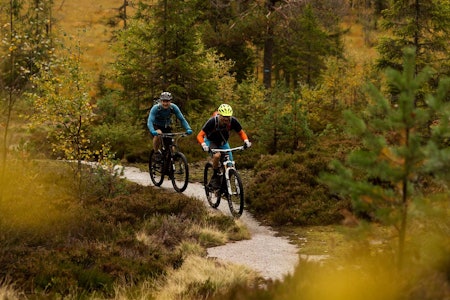 Rune Røsten og Vidar Gundersen på vei opp mot Vindernhøgda i Nordmarka. / Stisykling i Norge.