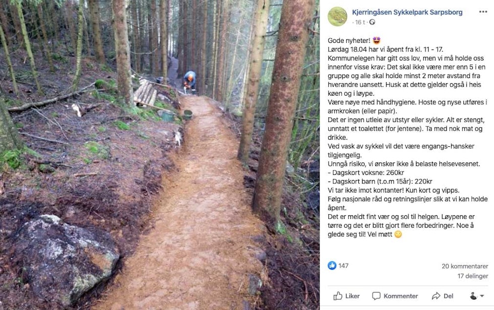 GLADMELDING: Kjerringåsen prøver seg på åpning i helgen. Foto: Skjermdump Kjerringåsen Sykkelpark/Facebook kjerringåsen sykkelpark åpen