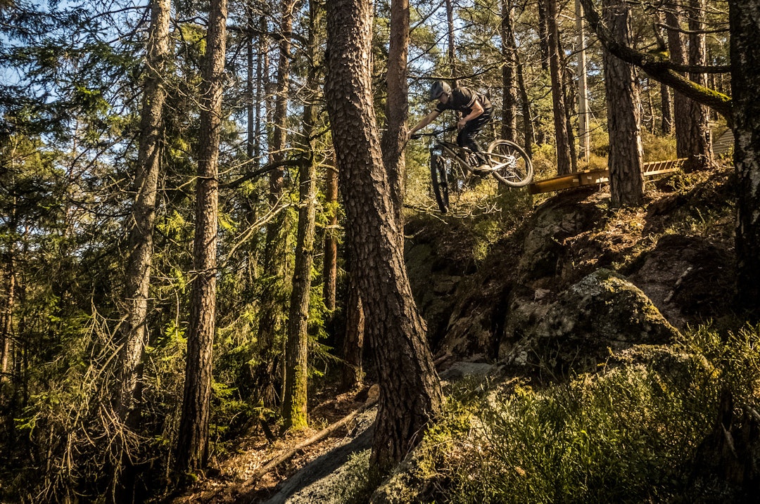 DROPP: Det skorter ikke på elementer å bryne seg på i de tekniske løypene i Kristiansand sykkelpark. Foto: Johan Selmar Åpning Kristiansand Sykkelpark 2021