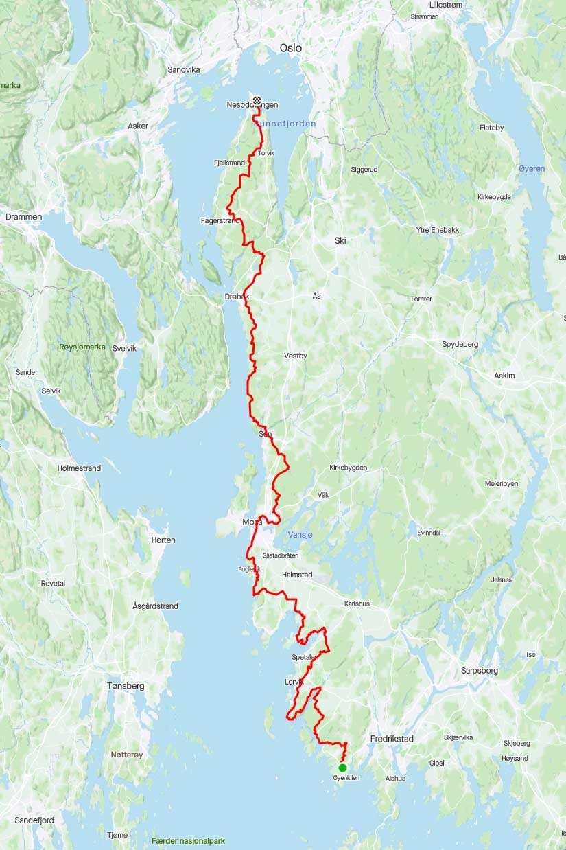 LANG STITUR: Ikke ditt gjennomsnittlige helgeprosjekt, denne stisykkelturen fra Slevik utenfor Fredrikstad til Nesodden på sti. Foto: Skjermdump fredrikstad oslo på sti