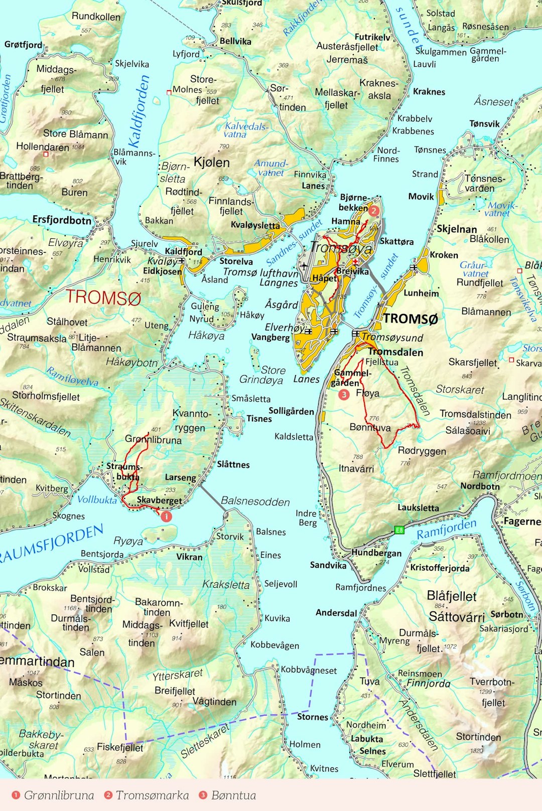 Oversiktskart over Tromsø med inntegnet rute. Fra Stisykling i Norge.