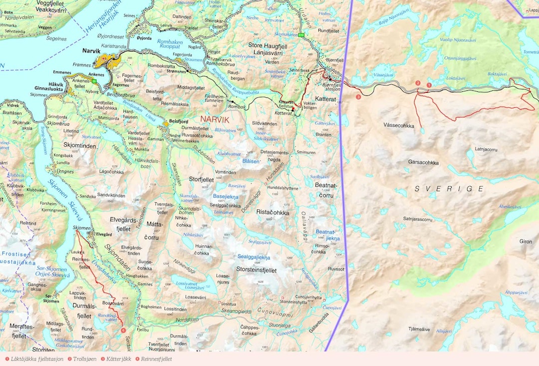 Oversiktskart over Narvik med inntegnet rute. Fra Stisykling i Norge.