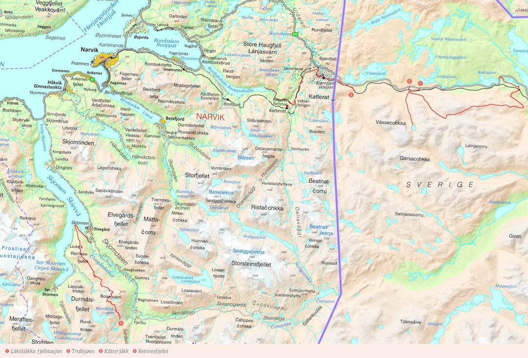 Oversiktskart over Narvik med inntegnet rute. Fra Stisykling i Norge. Oversiktskart over Narvik med inntegnet rute. Fra Stisykling i Norge.