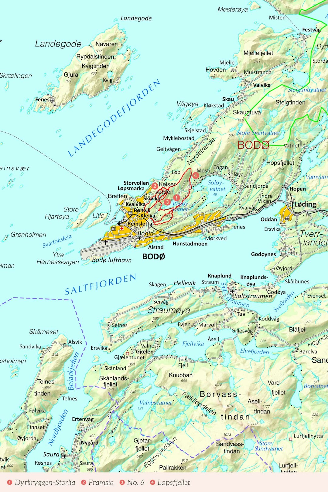 Oversiktskart over Bodø med inntegnet rute. Fra Stisykling i Norge.