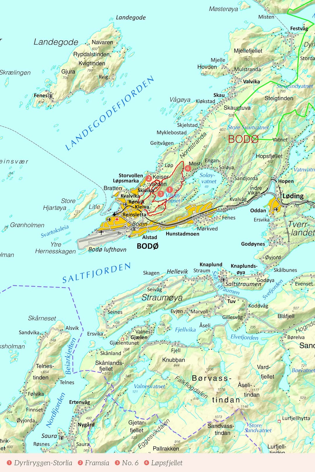 Oversiktskart over Bodø med inntegnet rute. Fra Stisykling i Norge. Oversiktskart over Bodø med inntegnet rute. Fra Stisykling i Norge.