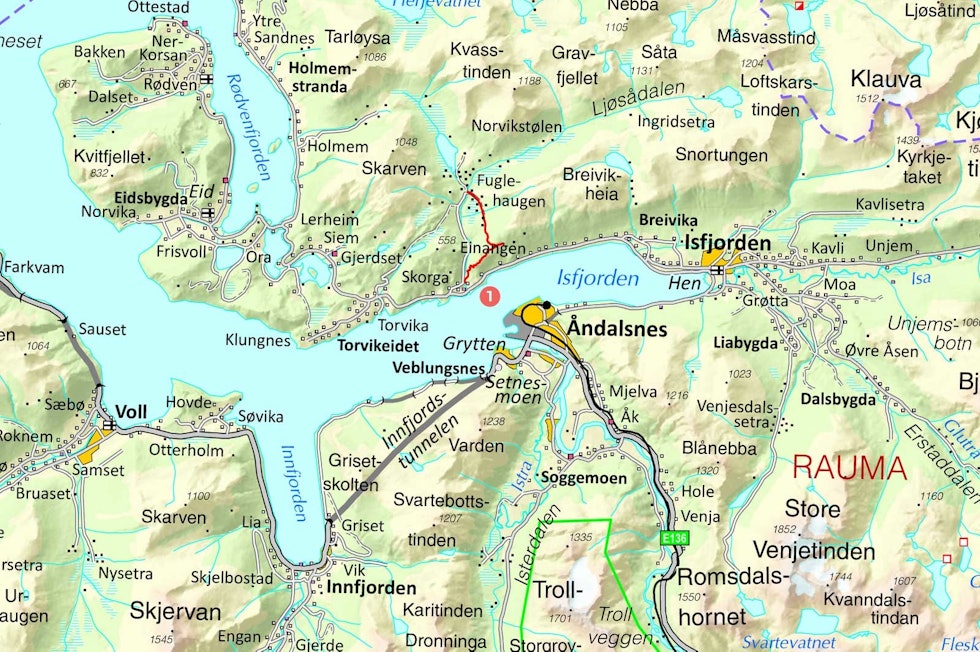 Oversiktskart over Romsdal med inntegnet rute. Fra Stisykling i Norge