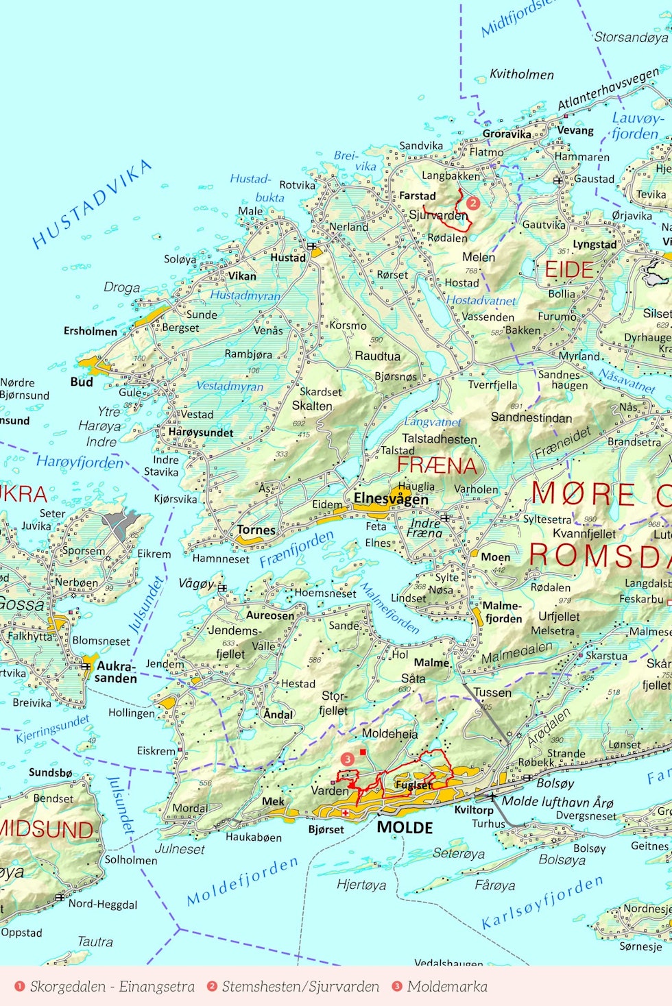 Oversiktskart over Romsdal med inntegnet rute. Fra Stisykling i Norge
