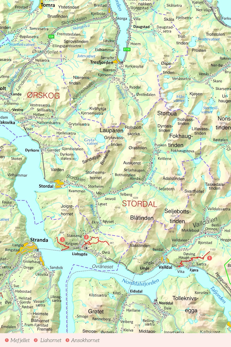 Oversiktskart over Sunnmøre med inntegnet rute. Fra Stisykling i Norge.