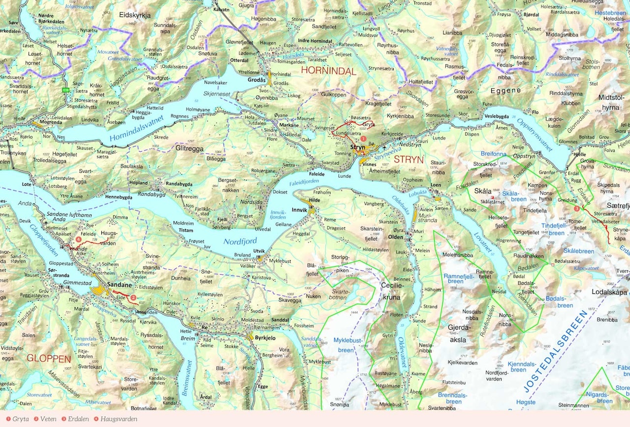 Oversiktskart over Stryn/Nordfjord med inntegnet rute. Fra Stisykling i Norge.