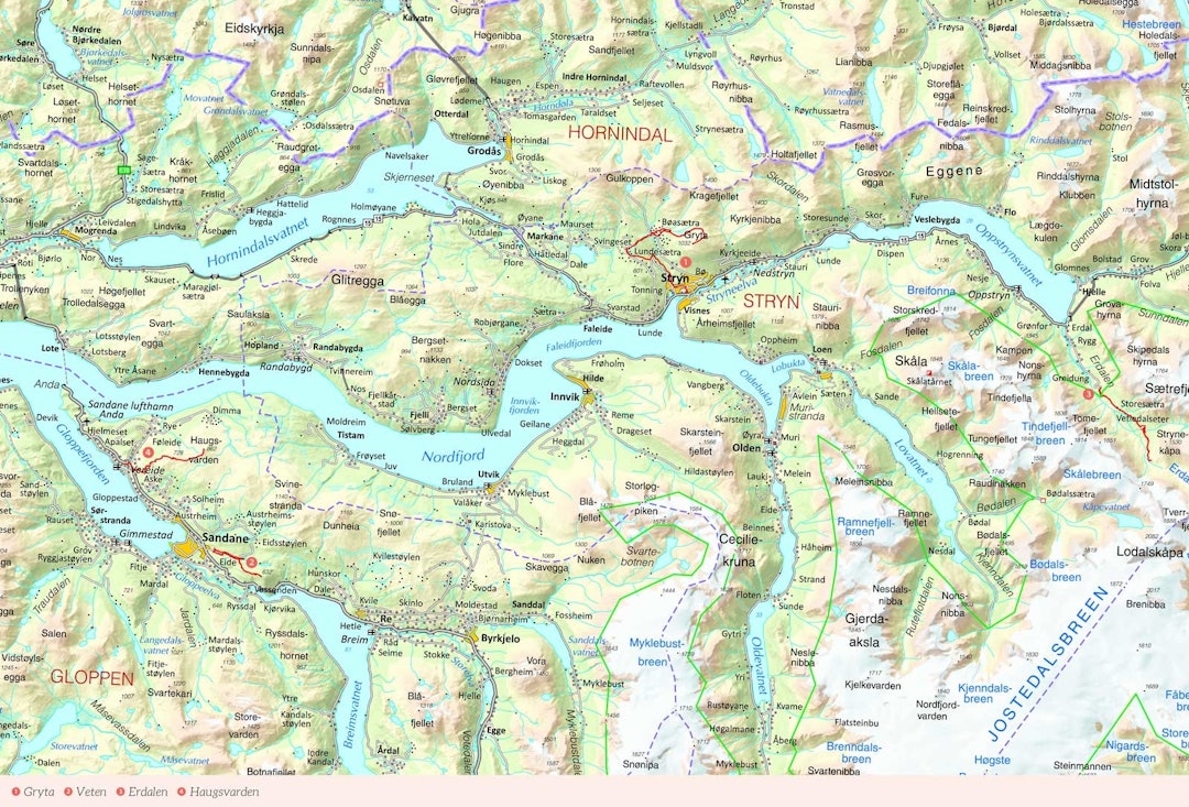 Oversiktskart over Stryn/Nordfjord med inntegnet rute. Fra Stisykling i Norge Oversiktskart over Stryn/Nordfjord med inntegnet rute. Fra Stisykling i Norge