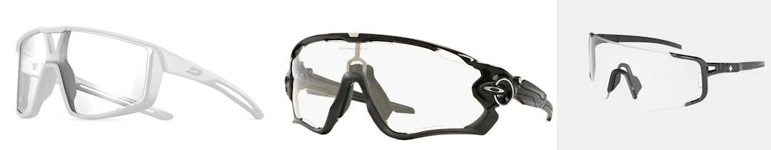 KLAR SIKT: Mørke solbriller fungerer dårlig til allsidig bruk på sykkel om høsten. Helt klare, eller fotokromatiske glass kan være en super oppgradering. Her vist med eksemplene Julbo Fury, Oakley Jawbreaker og Sweet Ronin. Sjekk om du kan kjøpe nye glass til brillene dine før du kjøper komplett brille! Foto: Produsenter sykkelbriller klare glass