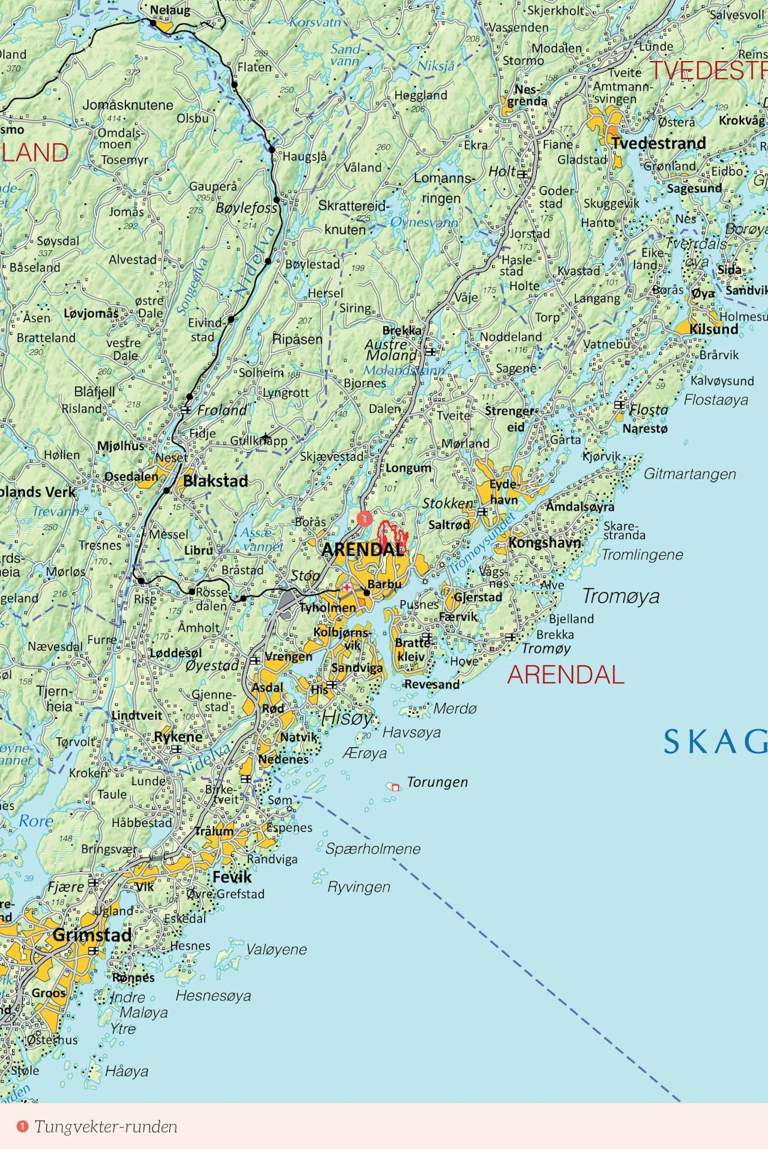 Oversiktskart over Arendal med inntegnet rute. Fra Stisykling i Norge. Oversiktskart over Arendal med inntegnet rute. Fra Stisykling i Norge.