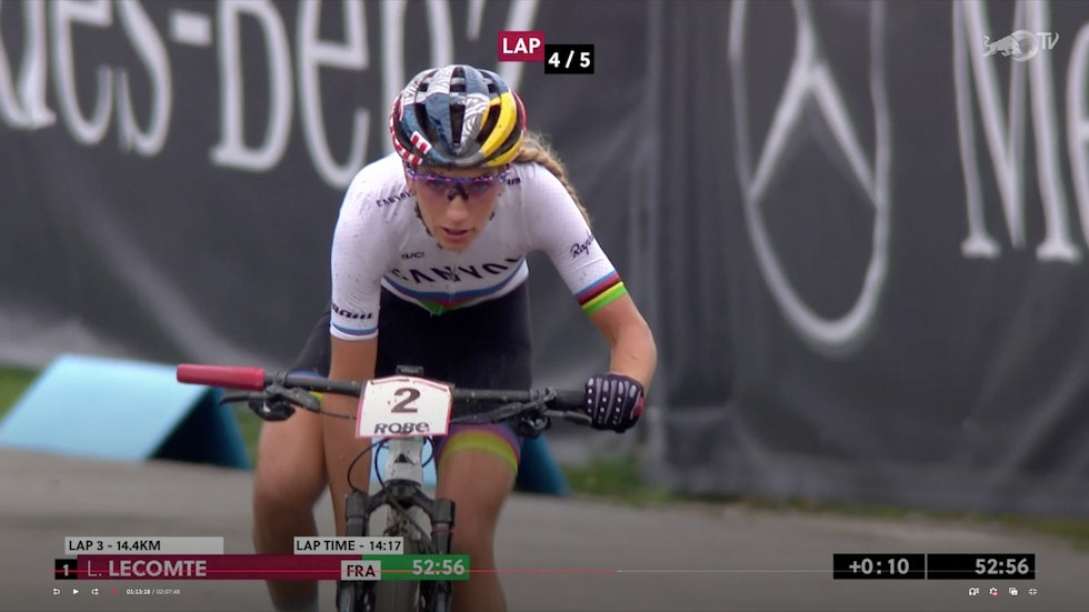 VERDENSMESTEREN: Pauline Ferrand Prevot ledet lenge, men måtte ta til takke med tredjeplass i mål. Nove Mesto XCO1 2020
