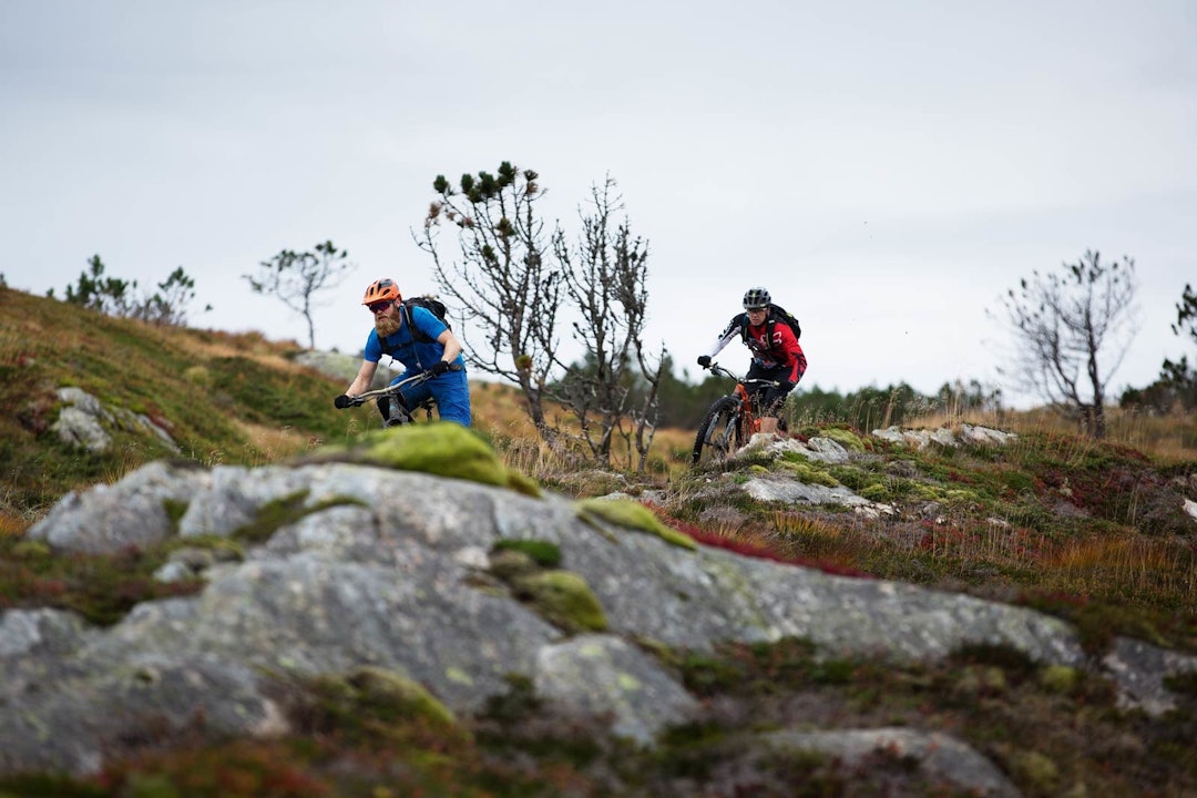 OPPE PÅ VIDDEN: Etter en lang transport på asfalt og grusveier tar Mads Oliver Øftshus og Espen Bergli-Johnsen fatt på utforkjøringen ned fra Rundemannen. Stisykling-i-Bergen-2
