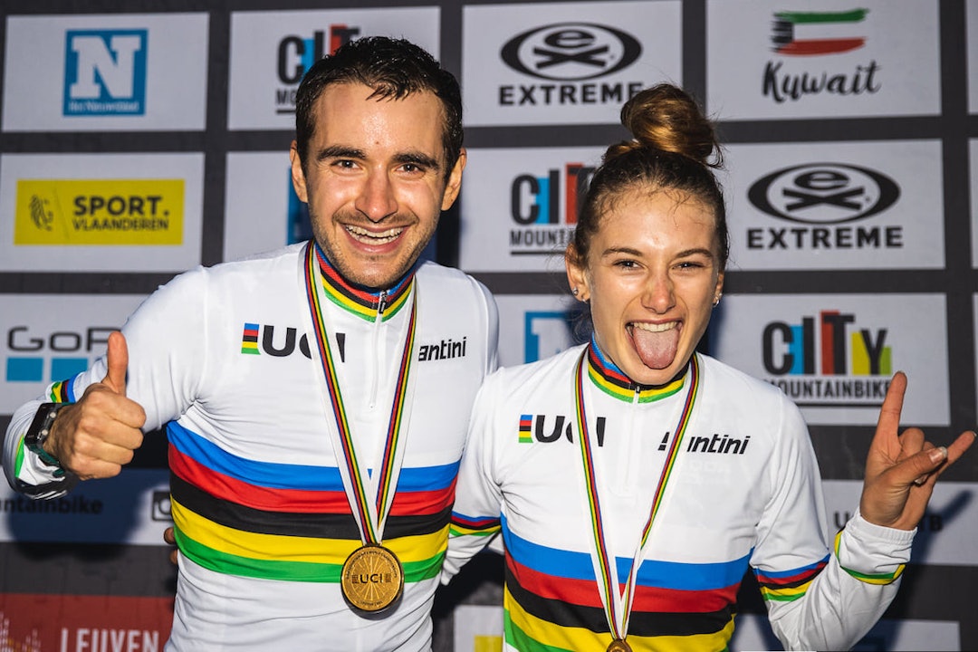 TITTELFORSVARERE: Titouan Perrin-Ganier og Issaure Medde, begge fra Frankrike, ble verdensmestere i sprint (XCE) i 2020. Foto: UCI sprint-VM 2021 XCE
