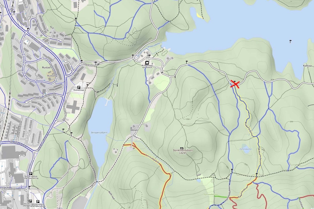 SLIK FINNER DU PIONEREN: Ved det røde krysset på dette kartet begynner stien.Skjermdump: mtbmap.no