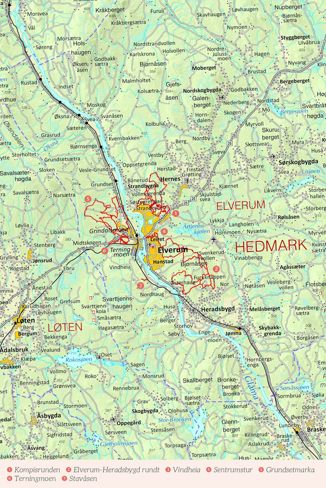 Oversiktskart over Elverum med inntegnet rute. Fra Stisykling i Norge. Oversiktskart over Elverum med inntegnet rute. Fra Stisykling i Norge.