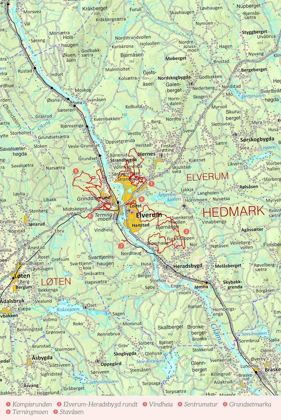 Oversiktskart over Elverum med inntegnet rute. Fra Stisykling i Norge.