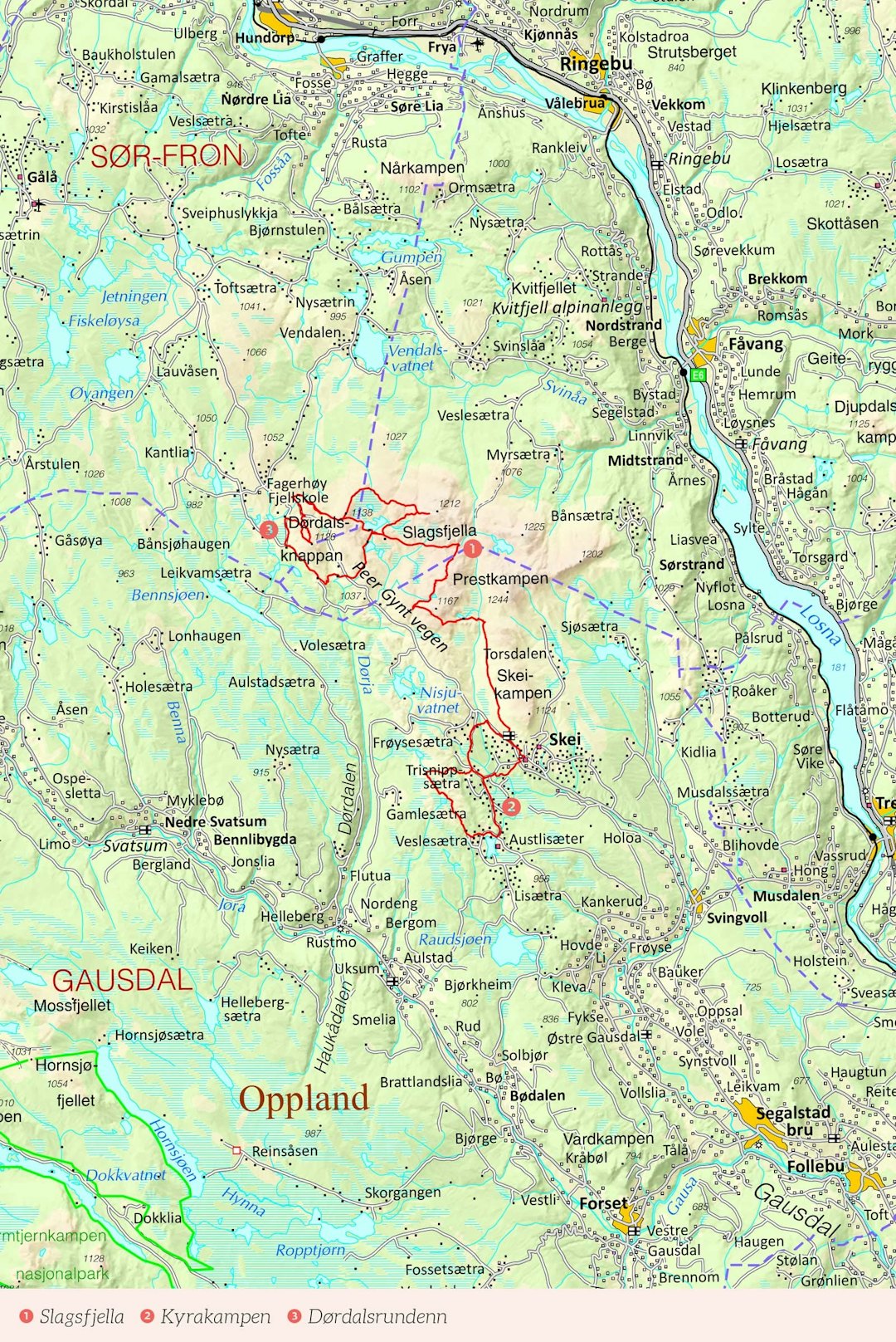 Oversiktskart over Skeikampen med inntegnet rute. Fra Stisykling i Norge. Oversiktskart over Skeikampen med inntegnet rute. Fra Stisykling i Norge.