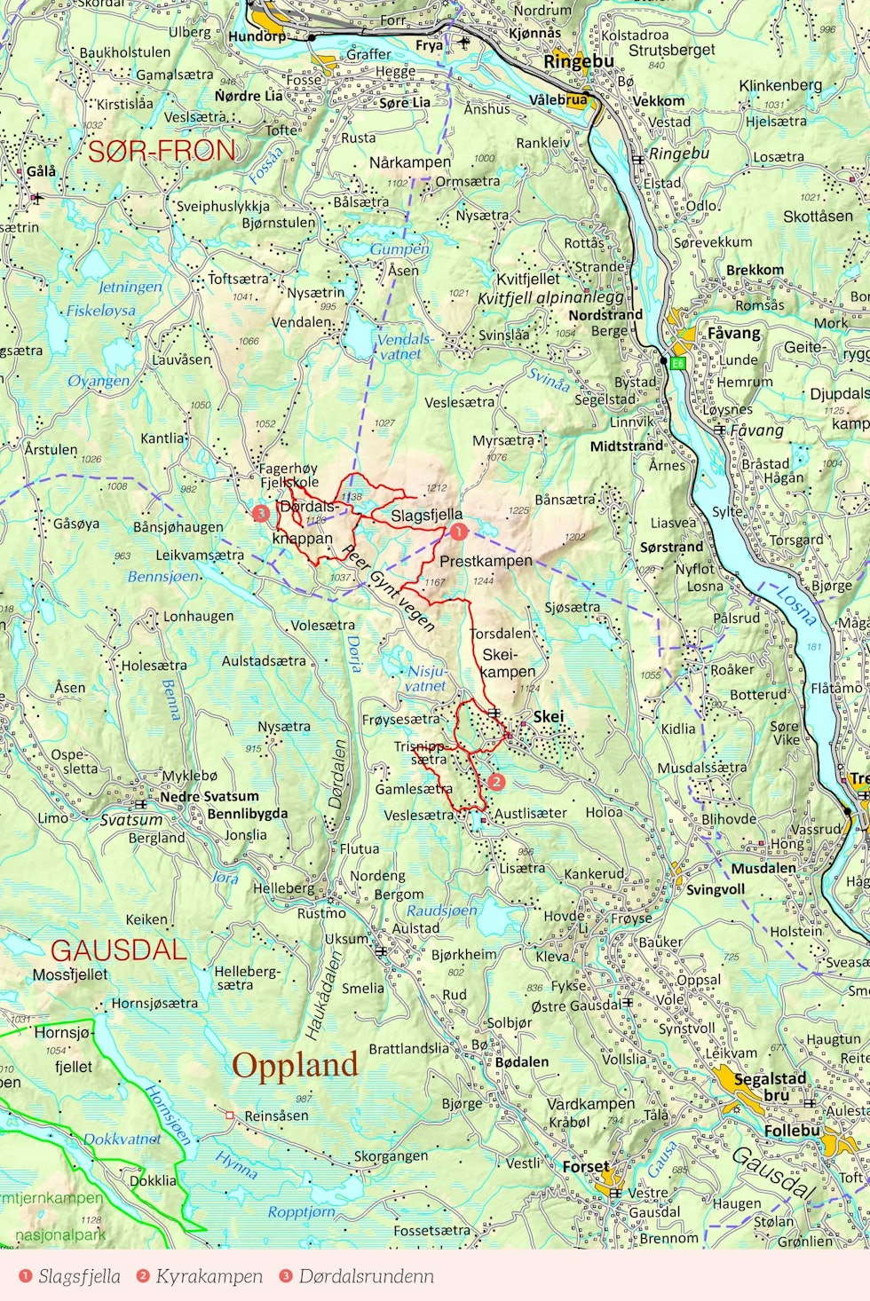 Oversiktskart over Skeikampen med inntegnet rute. Fra Stisykling i Norge.
