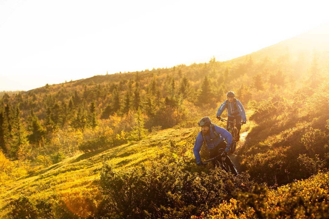 OPP PÅ FJELLET: Atle Enberget og Timothy Glazebrook i morgenlyset over Fageråsen. Trysil-Stisykling-7
