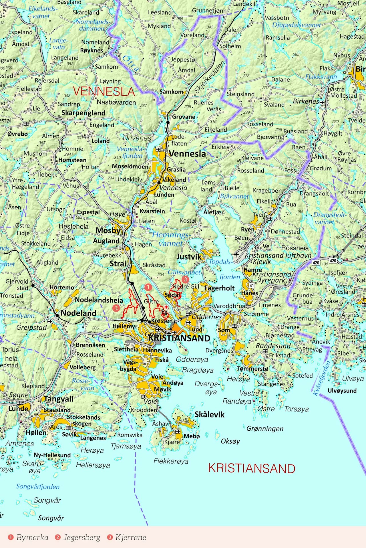 Oversiktskart over Kristiansand med inntegnet rute. Fra Stisykling i Norge.