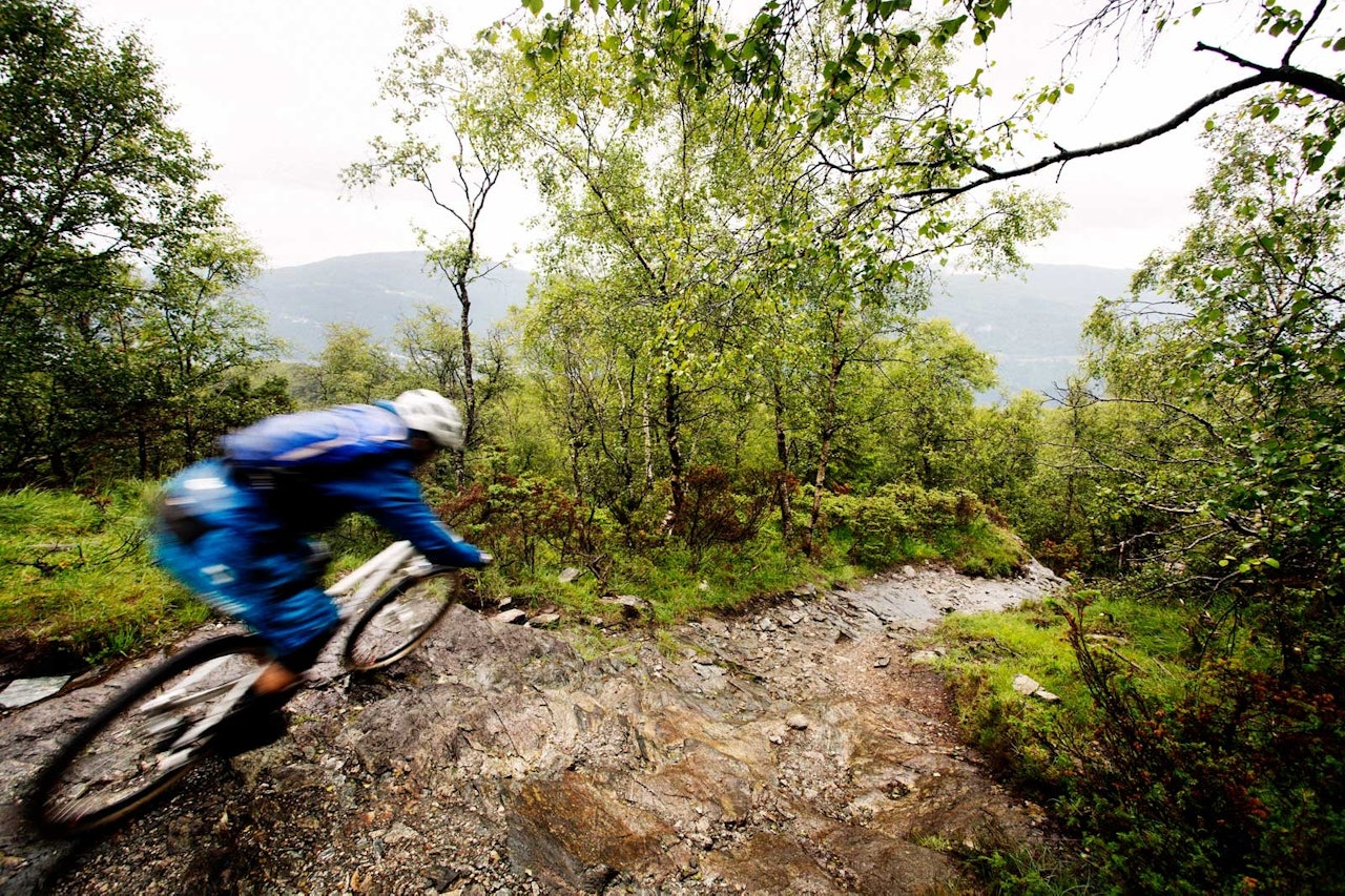 Arnanipa utenfor Bergen er en tur som har absolutt alt. Her slipper Bendik Been bremsene over glatte svaberg før mer teknisk arbeid venter lenger nede. / Stisykling i Norge. Arnanipa utenfor Bergen er en tur som har absolutt alt. Her slipper Bendik Been bremsene over glatte svaberg før mer teknisk arbeid venter lenger nede. / Stisykling i Norge.