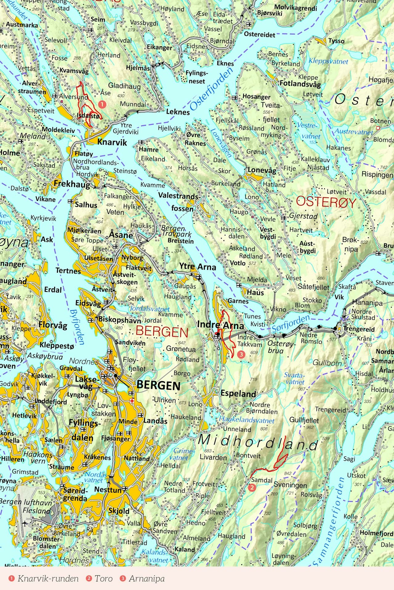 Oversiktskart over Bergen med inntegnet rute. Fra Stisykling i Norge.