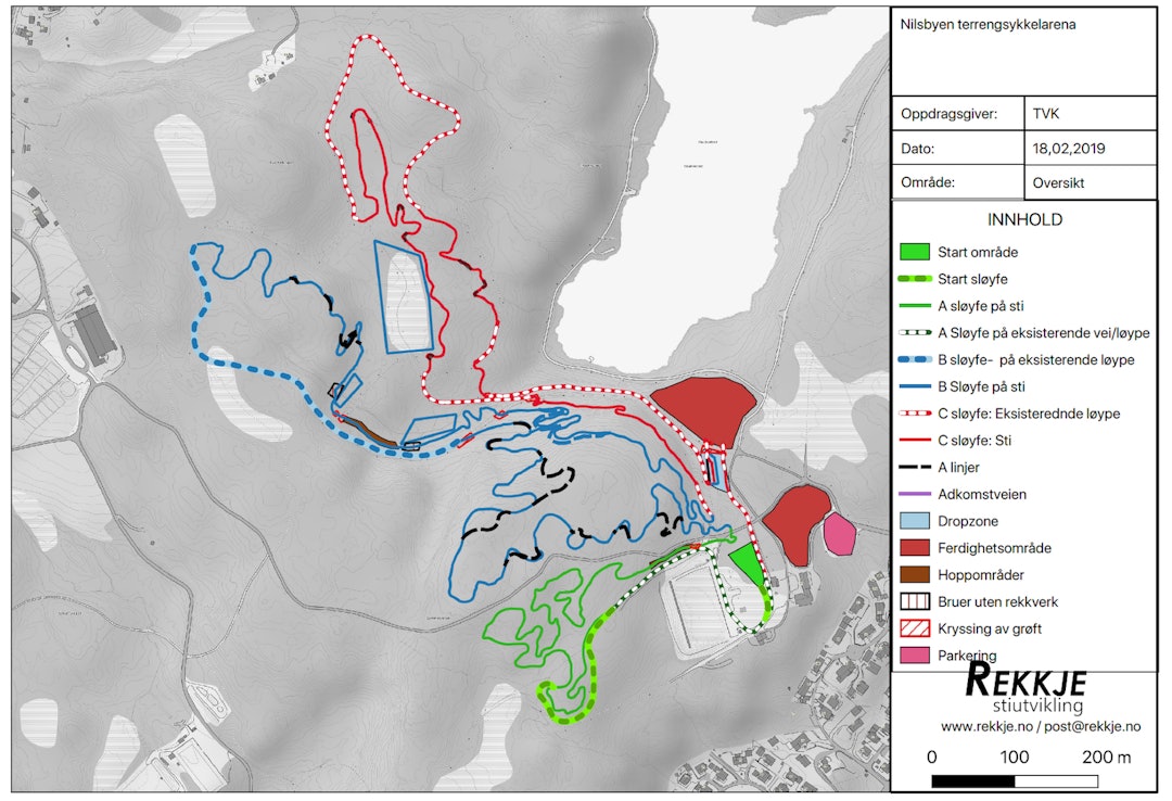Kart over sykkelanlegget i Nilsbyen i Trondheim. Illustrasjon: Rekkje Stiutvikling Nilsbyen sykkelpark Trondheim