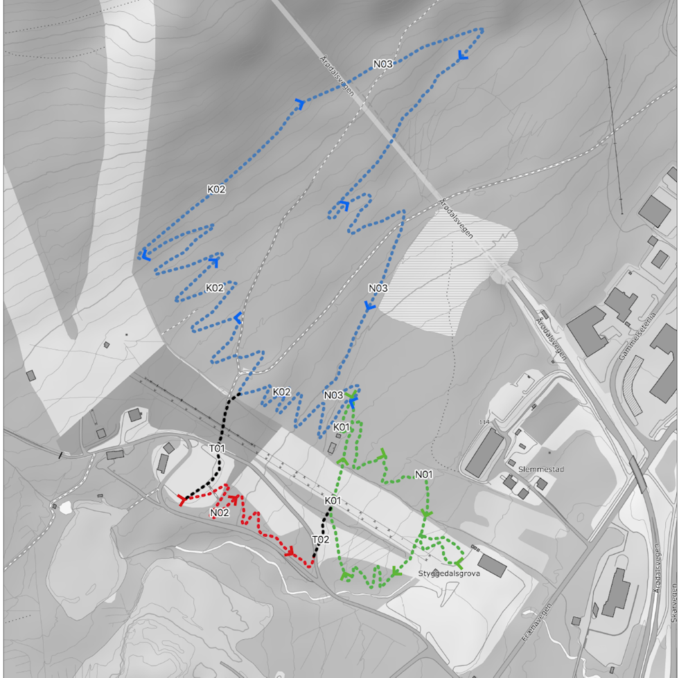 Oversikt over stiene som er planlagt bygget i fase en og to i Tusten skisenter i Molde. Illustrasjon: Tusten skiheiser AS Tusten Skiheiser AS i Molde bygger stisenter