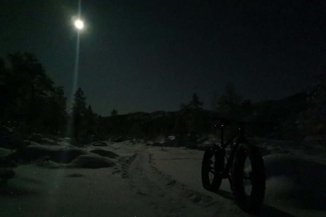 Losvarløypa i måneskinn. Foto: Ida M. Bøtun Flotte forhold for fatbike i Alta