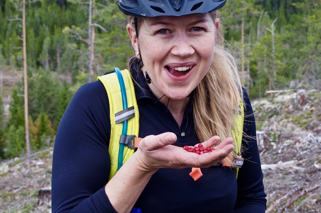 Stine Danielsen ordnet seg dessert. Selvbetjening. Foto: IVRIG Stine Danielsen Tyttebær - Ål 2016 - Foto Ivrig 1400x933
