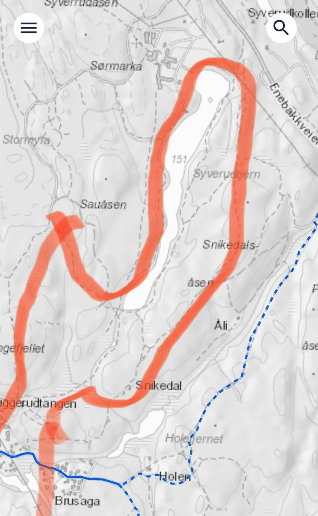 Kart over Syverrudrunden, som blir første del av fellesturen i Siggerudmarka på søndag. Fellestur Siggerud November 2019